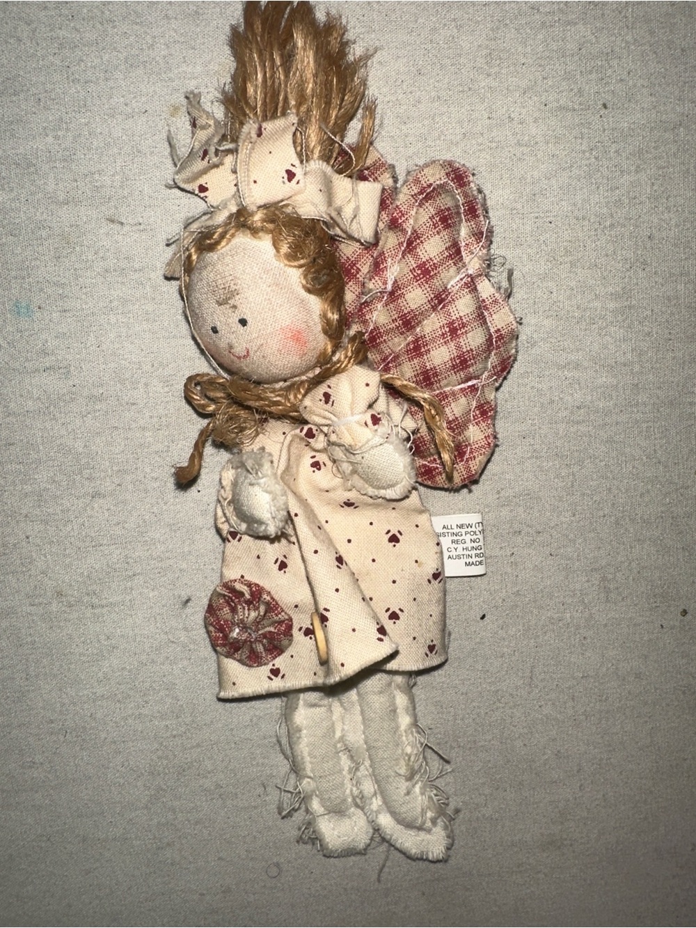 Vintage Collectible Handmade Fabric Rag Doll in Cream and Red Plaid